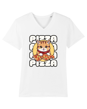 Cute kawaii cat eating pizza White
