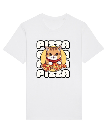 Cute kawaii cat eating pizza White