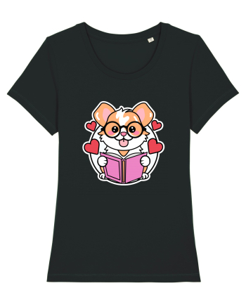 Kawaii Dog Reading A Book Black