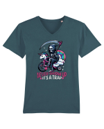 Ilustrație schelet amuzant călare pe un triciclu Tricou mânecă scurtă guler V Bărbat Presenter