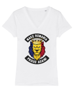 Suporter Romania - Make Romania proud again Tricou mânecă scurtă guler V Damă Evoker