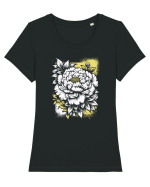 Bujor alb pe fond galben Tricou mânecă scurtă guler larg fitted Damă Expresser