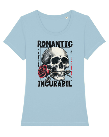 Romantic incurabil - Schelet craniu cu trandafir in gura Sky Blue