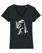 Pisica cu cercei de perla Tricou mânecă scurtă guler V Damă Evoker