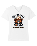 Coffee first questions later - pentru dependenții de cafea Tricou mânecă scurtă guler V Bărbat Presenter