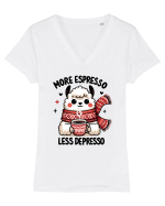 More espresso less depresso - pentru dependenții de cafea Tricou mânecă scurtă guler V Damă Evoker