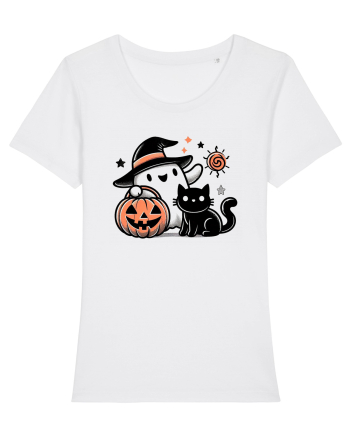 Halloween ghost and black cat White