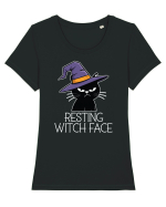 Resting Witch Face Halloween Cat Tricou mânecă scurtă guler larg fitted Damă Expresser