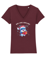 HERE COMES SANTA JAWS! Tricou mânecă scurtă guler V Damă Evoker