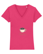 Pisică catppuccino  Tricou mânecă scurtă guler V Damă Evoker