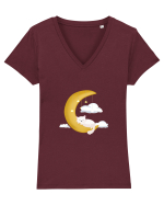 Pisică cu lună Tricou mânecă scurtă guler V Damă Evoker