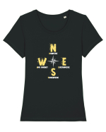 BUSOLA -  COMPASS - NOWHERE EVERYWHERE SOMEWHERE WHO KNOWS Tricou mânecă scurtă guler larg fitted Damă Expresser
