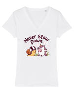 Melcul de curse - Never slow down  Tricou mânecă scurtă guler V Damă Evoker