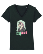 STAY WEIRD - Unicorn - rocker - geaca de piele Tricou mânecă scurtă guler V Damă Evoker