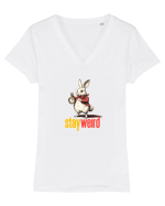 STAY WEIRD - Iepurele alb- Alice Tricou mânecă scurtă guler V Damă Evoker