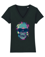 Neon Glitchy Bloom Skull | Vaporwave Trippy Techno Rave EDM Party  Tricou mânecă scurtă guler V Damă Evoker
