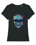 Neon Glitchy Bloom Skull | Vaporwave Trippy Techno Rave EDM Party  Tricou mânecă scurtă guler larg fitted Damă Expresser