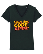 EAT SLEEP CODE REPEAT Tricou mânecă scurtă guler V Damă Evoker