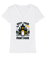 Shut your front door - cute yellow  ghost Tricou mânecă scurtă guler V Damă Evoker
