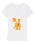 HELLO cu pisică  Tricou mânecă scurtă guler V Damă Evoker