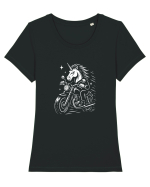 Unicorn biker pe motocicletă – ilustrație alb-negru rebelă Tricou mânecă scurtă guler larg fitted Damă Expresser