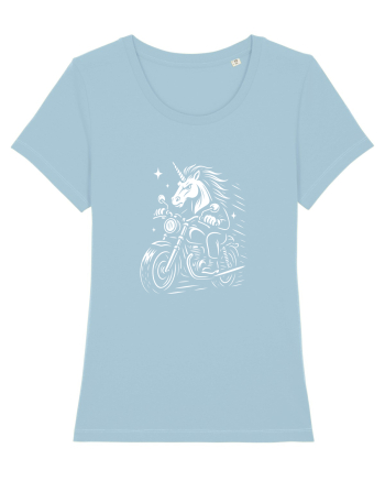 Unicorn biker pe motocicletă – ilustrație alb-negru rebelă Sky Blue