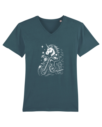 Unicorn biker pe motocicletă – ilustrație alb-negru rebelă Stargazer