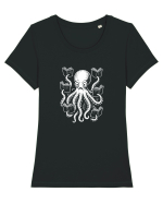 Caracatiță cititoare cu cărți – ilustrație alb-negru amuzantă Tricou mânecă scurtă guler larg fitted Damă Expresser