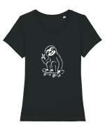 Leneș pe skateboard – ilustrație alb-negru cool Tricou mânecă scurtă guler larg fitted Damă Expresser