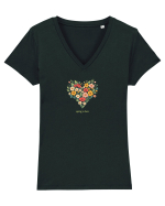SPRING IS HERE  - PRIMAVARA E AICI -  INIMA din FLORI 3 Tricou mânecă scurtă guler V Damă Evoker
