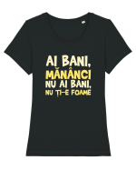 AI BANI, MANANCI. NU AI BANI, NU TI-E FOAME Tricou mânecă scurtă guler larg fitted Damă Expresser