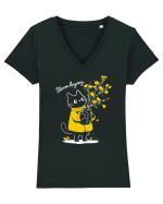 Bloom Anyway – Pisică drăguță cu flori galbene Tricou mânecă scurtă guler V Damă Evoker