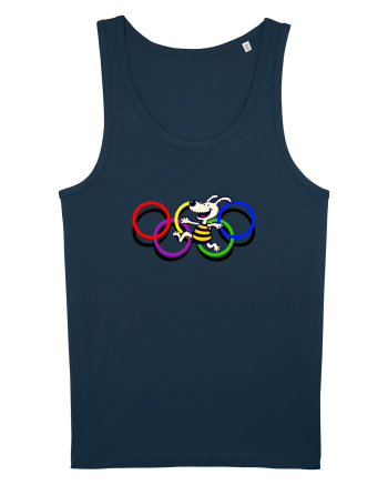 Playful Dog and Colorful Rings – Fun Cartoon Design Navy