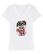 MAY THE SAUCE (not the Force) BE WITH YOU - Yoda Pisica & pizza Tricou mânecă scurtă guler V Damă Evoker