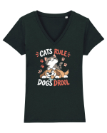 Funny Feline Cartoon Cat vs Dog Humor Cute Pet Animals Tricou mânecă scurtă guler V Damă Evoker