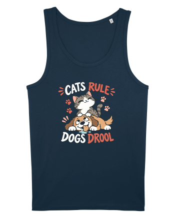 Funny Feline Cartoon Cat vs Dog Humor Cute Pet Animals Navy