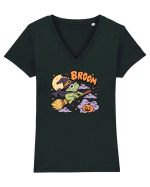 Funny Halloween Frog Witch Broomstick Pumpkin Bat Cute Broom Tricou mânecă scurtă guler V Damă Evoker