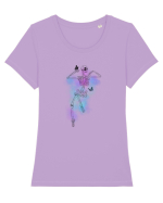 Schelete visator pe fundal colorat încojurat de fluturași Tricou mânecă scurtă guler larg fitted Damă Expresser