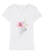 Pink Floral Hands Tricou mânecă scurtă guler V Damă Evoker
