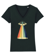 Alien Rainbow Retro Space Ship Tricou mânecă scurtă guler V Damă Evoker