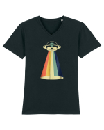 Alien Rainbow Retro Space Ship Tricou mânecă scurtă guler V Bărbat Presenter