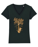 Autumn Saxophone Tree Tricou mânecă scurtă guler V Damă Evoker