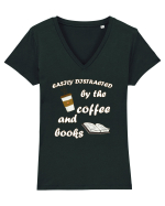 Easily Distracted By The Coffee And Books Tricou mânecă scurtă guler V Damă Evoker