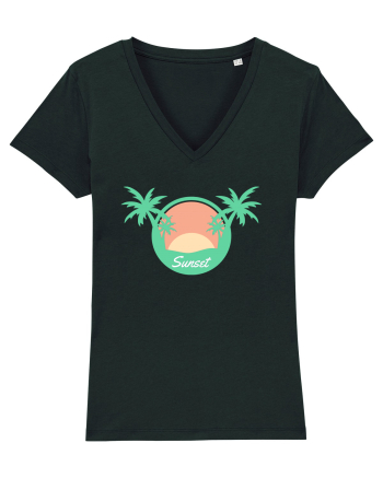 Sunset Palm Tree Beach Black